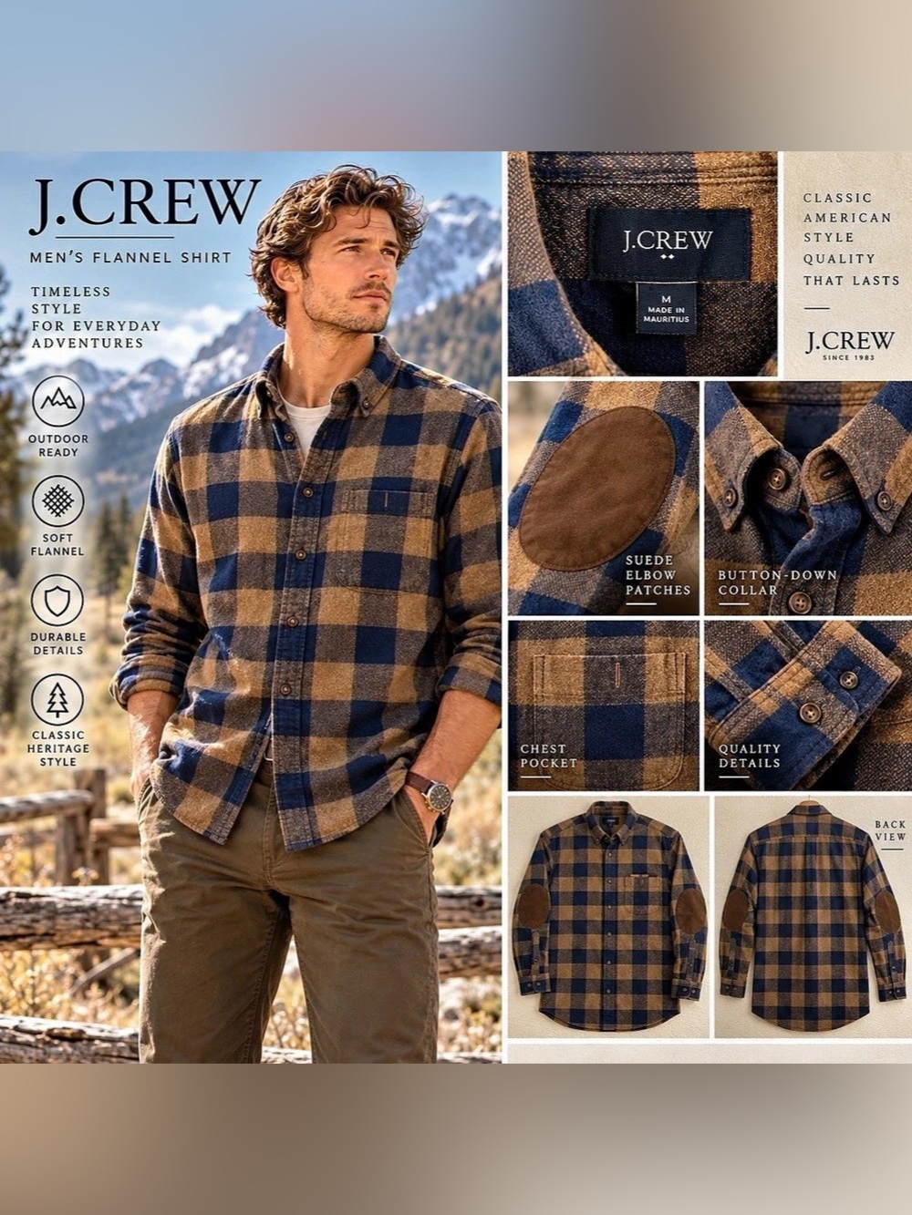 J.Crew Men's Flannel Shirt with Suede Elbow Patches Blue & Brown Medium